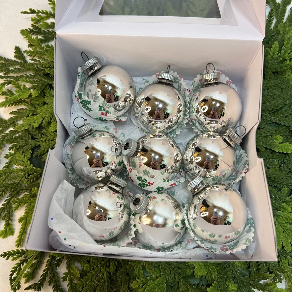 Vintage Set/9 Shiny Brite Silver 1.5” Mercury Glass Christmas Ornaments Balls
